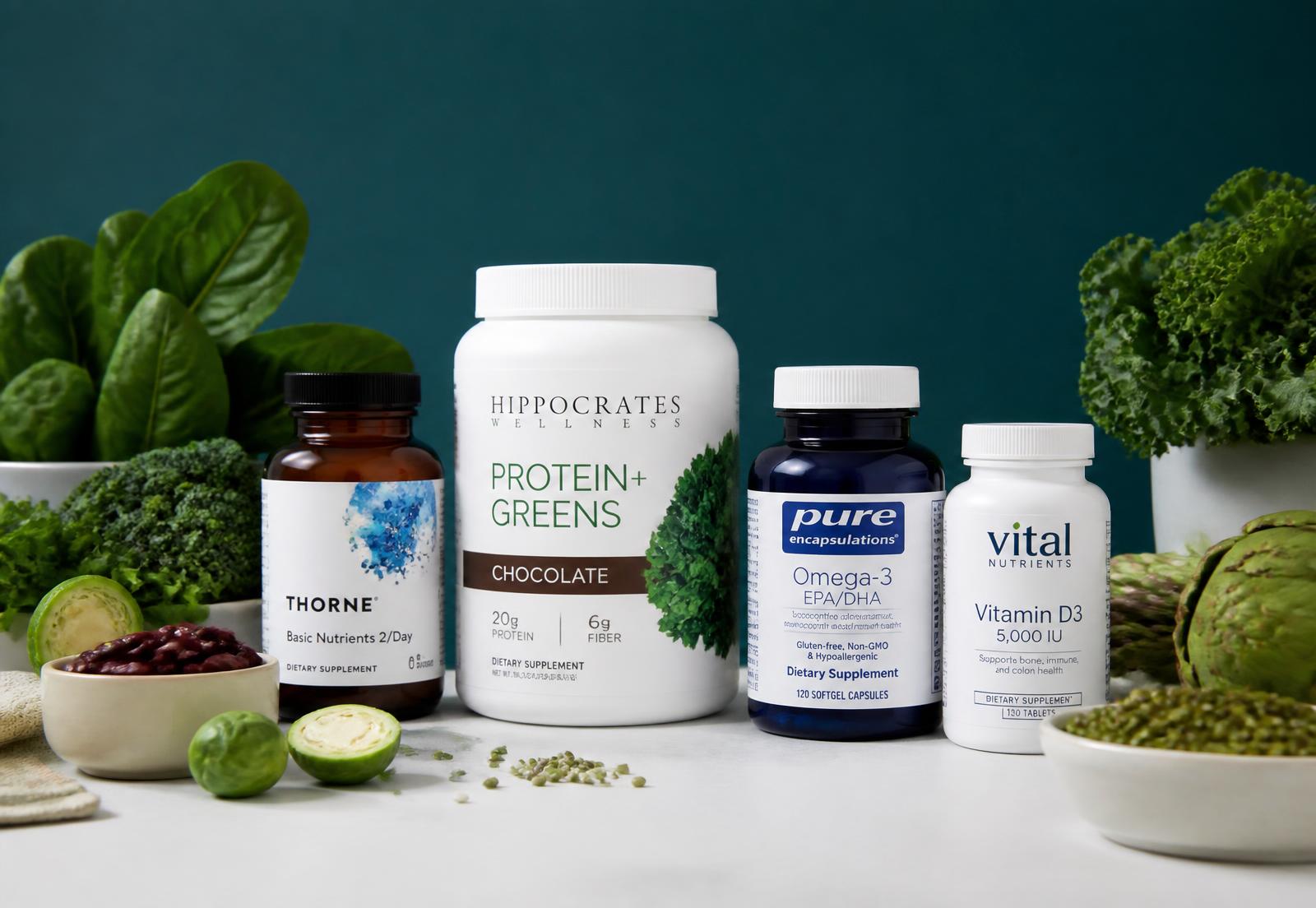 Verified supplements alongside fresh leafy greens and legumes
